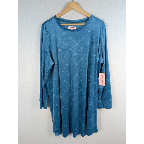 NWT Juciy Couture 1X Short Dress Aqua Velour Flare L Embossed Crowns Scoop Neck - Picture 1 of 8